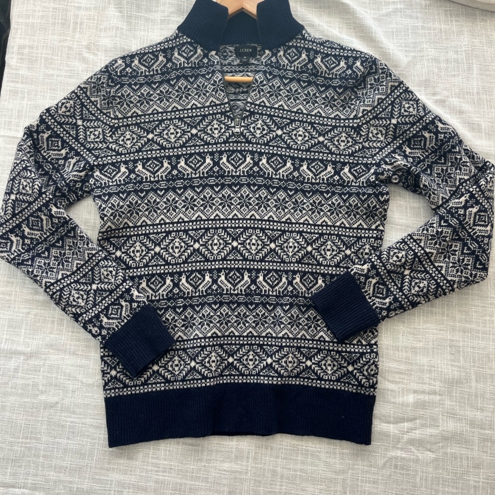 J Crew 100% Wool Navy & White Fairisle Sweater